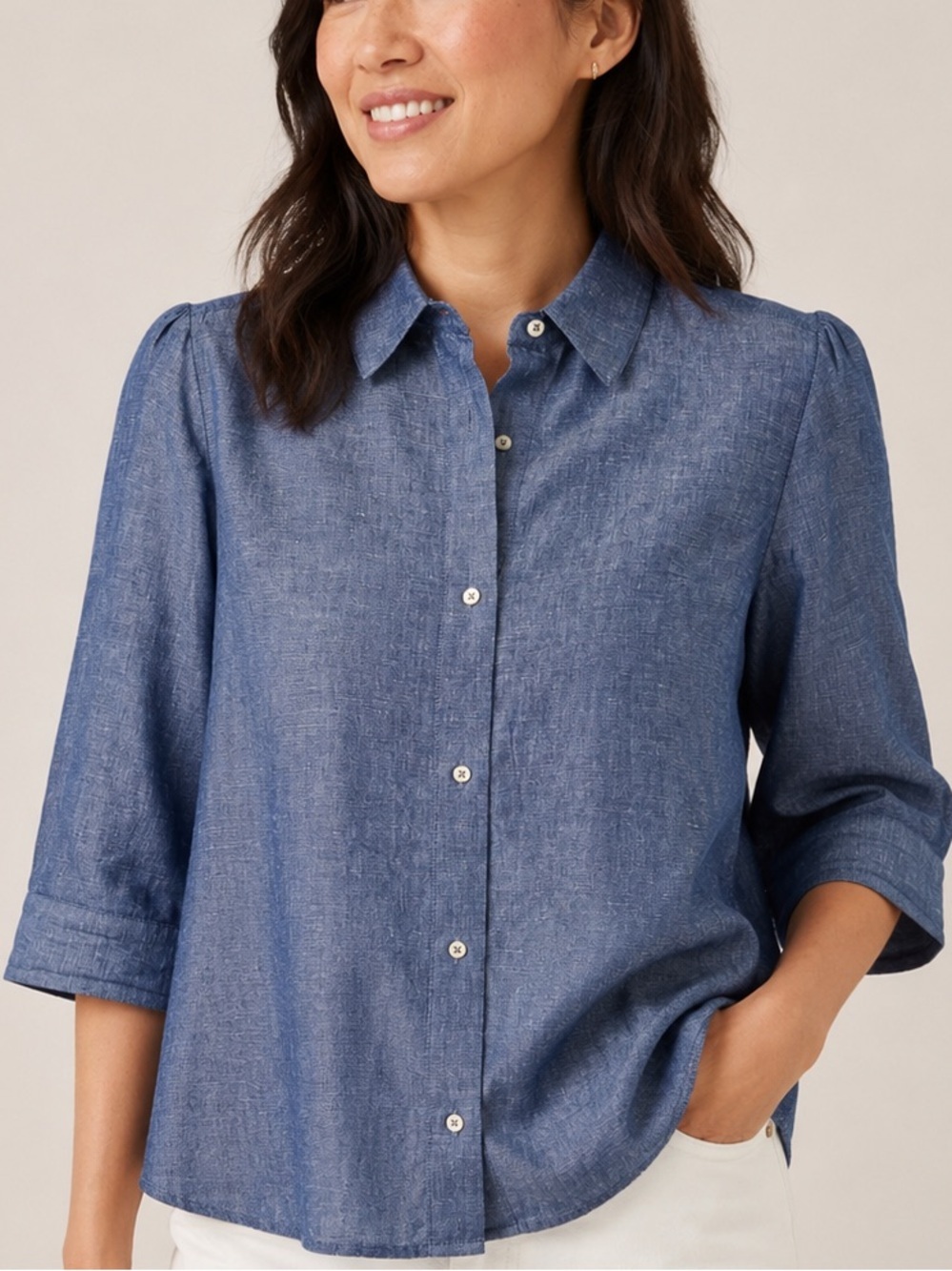 ANN MASHBURN Blue Linen Cotton Button Front Shirt XL Puff Sleeve Chambray Top
